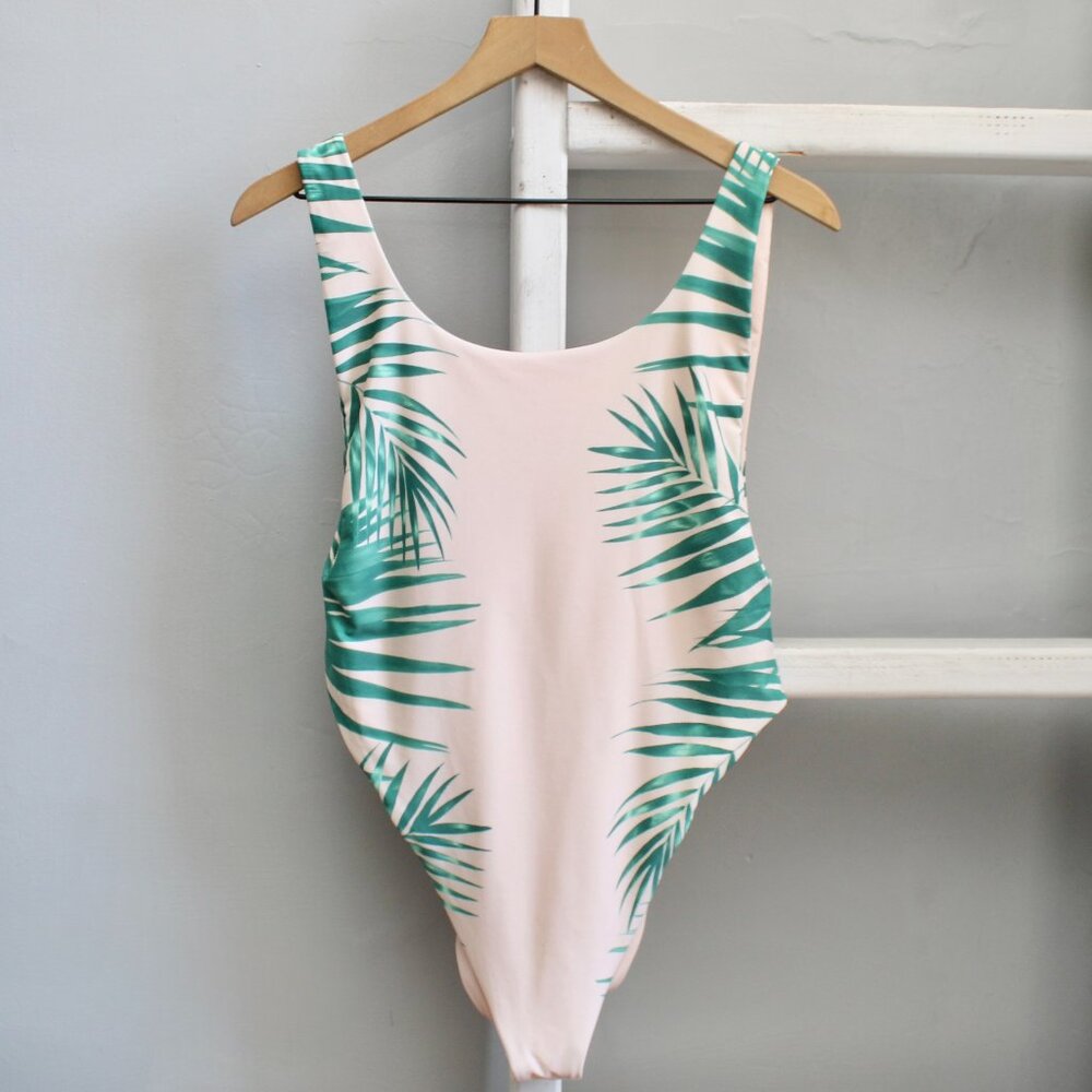 Aerie Green Pink Palm Leaf Print Super Scoop Cheekiest One-Piece Size Large